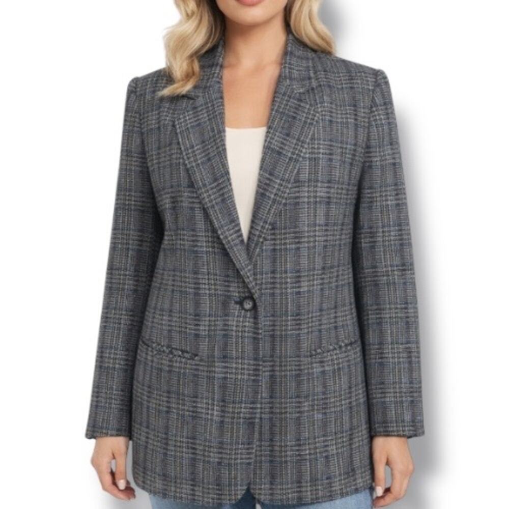 Vintage 90s Blazer Dark Gray Black Houndstooth Plaid Oversized Wool Blend 10